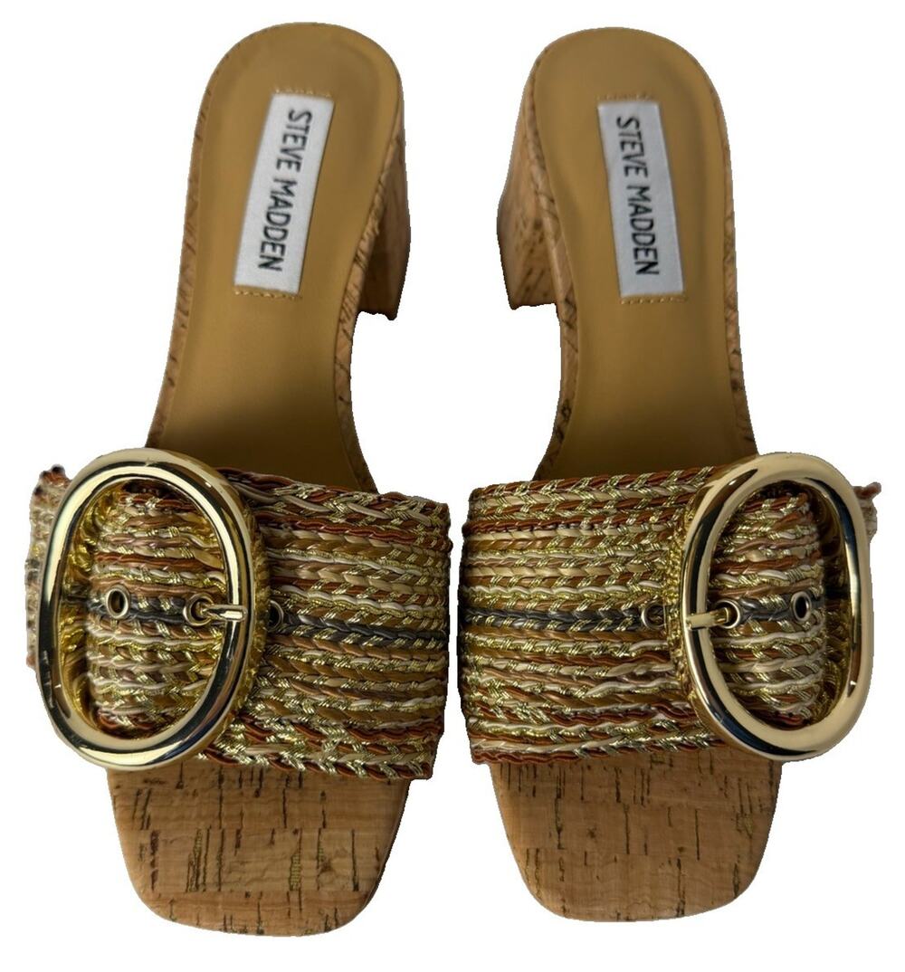 Steve Madden Seacrest Sandals Womens 5.5 Brown Multi Gold Buckle Cork Block Heel